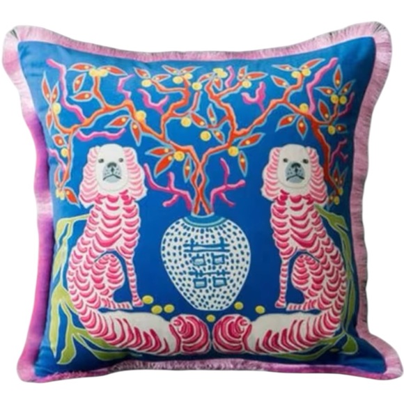 Pillow Cover Blue Monkeys - Pink Green Chinoiserie Staffordshire Dogs